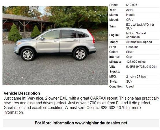 2011 Honda CR-V EX L w/Navi AWD 4dr SUV 127000 Miles - cars & trucks... for sale in Boone, NC – photo 2