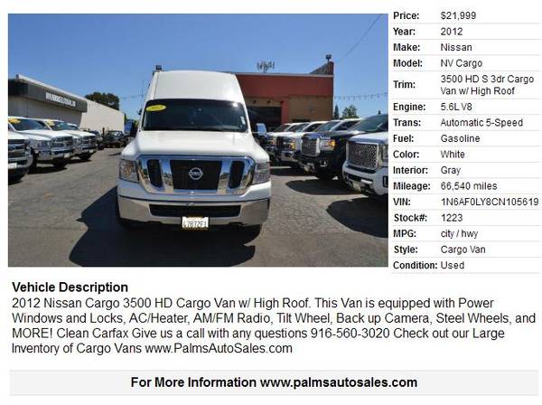 2012 Nissan NV S 3500 3dr High Roof Cargo Van for sale in Citrus Heights, CA – photo 3