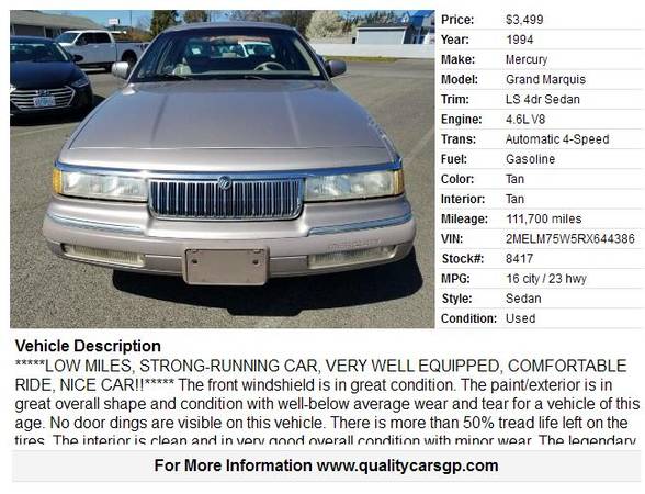 1994 Mercury Grand Marquis LOW MI, LTHR, VERY COMFY RIDE Runs for sale in Grants Pass, OR – photo 2