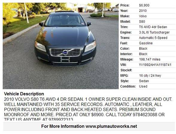 2010 VOLVO S80 T6 AWD 4 DR SEDAN. 1 OWNER SUPER CLEAN INSIDE AND OUT for sale in Newburyport, MA – photo 2