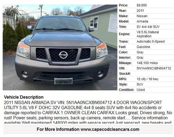 2011 Nissan Armada SV 4x4 4dr SUV - - by dealer for sale in Sagamore, MA, MA – photo 2