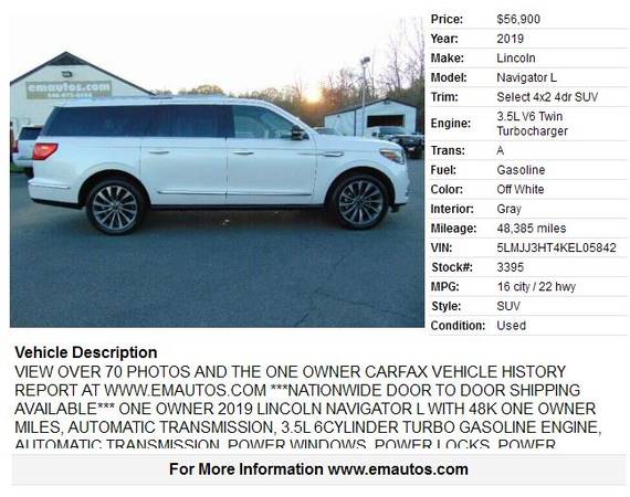 2019 Lincoln Navigator L Select One Owner - cars & trucks - by... for sale in LOCUST GROVE, VA – photo 2