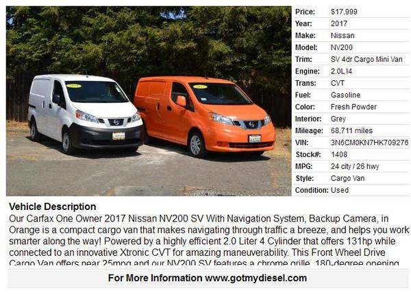 2017 Nissan NV200 SV 4dr Compact w/Navigation, Backup Camera Cargo for sale in Citrus Heights, CA – photo 2