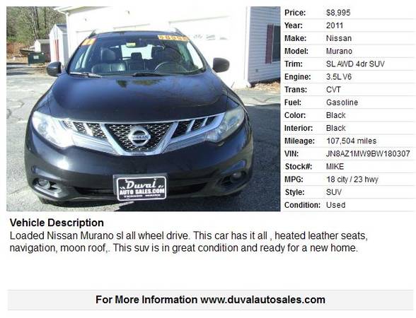 2011 Nissan Murano SL AWD 4dr SUV 107504 Miles - cars & trucks - by... for sale in Turner, ME – photo 2