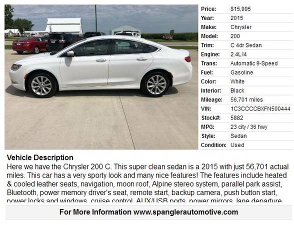 2015 CHRYSLER 200 C*56K*HEATED/COOLED LEATHER*NAV*MOONROOF*LOADED!! for sale in Glidden, IA – photo 2