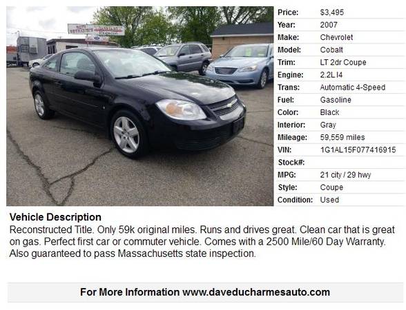 2007 Chevrolet Cobalt w/59k miles - - by dealer for sale in Lowell, MA – photo 2