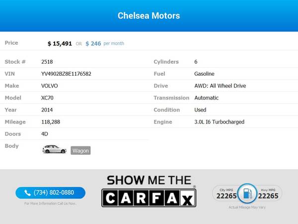 246/mo - 2014 Volvo XC70 XC 70 XC-70 T6 T 6 T-6 Platinum AWD Wagon for sale in Chelsea, MI – photo 2