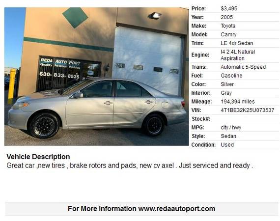 2005 Toyota Camry LE 4dr Sedan 194394 Miles - cars & trucks - by... for sale in Villa Park, IL – photo 2