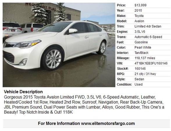 2015 Toyota Avalon Limited, Leather, Sun, Nav, Loaded! Beautiful... for sale in Fargo, ND – photo 2