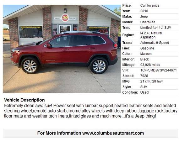 2016 Jeep Cherokee Limited - - by dealer - vehicle for sale in Columbus, NE – photo 2
