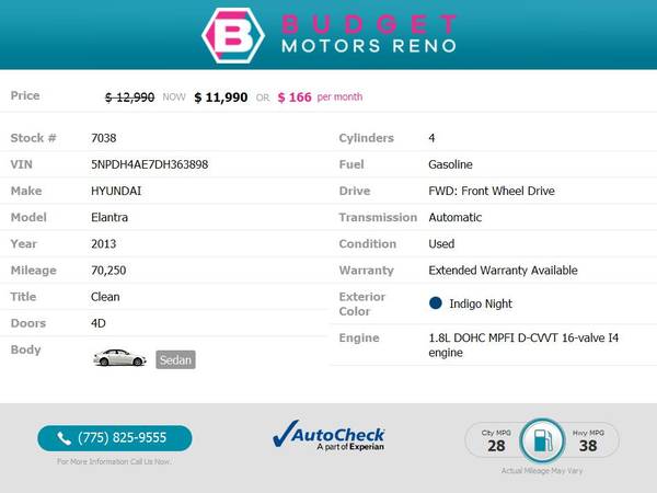 2013 Hyundai Elantra GLS PZEV Sedan 70, 250 187/mo for sale in Reno, NV – photo 2