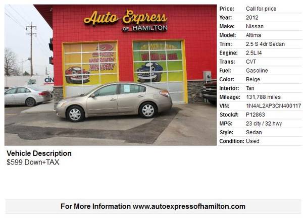 2012 Nissan Altima 599 Down TAX BUY HERE PAY HERE for sale in Hamilton, OH – photo 2
