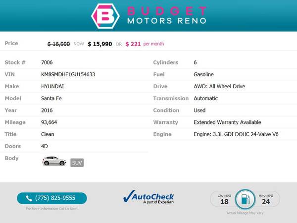 2016 Hyundai Santa Fe SE SUV 93, 664 255/mo - - by for sale in Reno, NV – photo 2