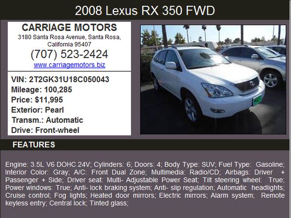 2008 Lexus RX350 SUV ~~Super Clean ~ Loaded~ WE FINANCE! for sale in Santa Rosa, CA