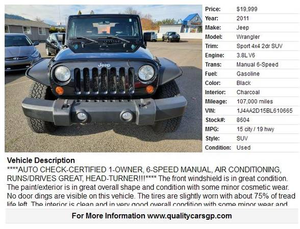 2011 Jeep Wrangler Sport 1-OWNER, AIR COND, 6-SPD MANUAL GR8 for sale in Grants Pass, OR – photo 2