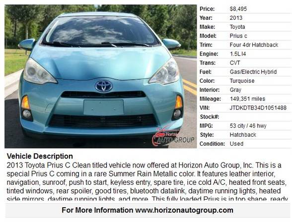 2013 Toyota Prius C - NO Accidents - 1 Owner - No Damage for sale in Orlando, FL – photo 2