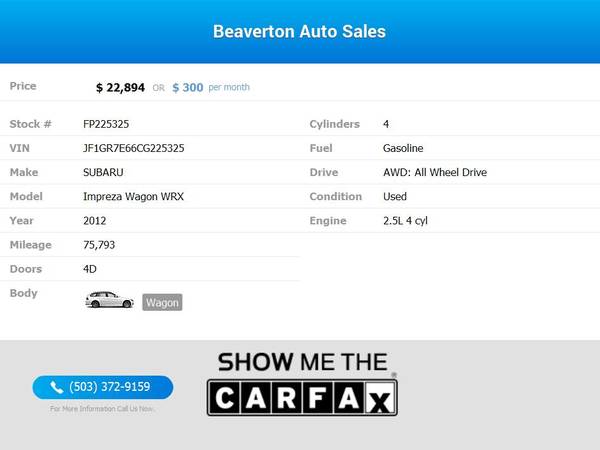 2012 Subaru Impreza Wagon WRX HATCH MANUAL 75K MILES for sale in Beaverton, OR – photo 2