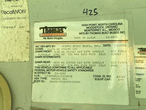 2001 Thomas Saf-t-liner CAT 3126 Allison AT 145k Air Brakes 425 for sale in Ruckersville, VA – photo 8