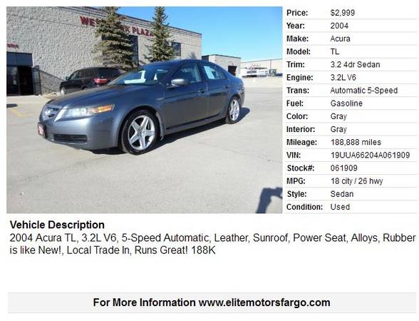 2004 Acura LT, Leather, Sun, Runs Great! - cars & trucks - by dealer... for sale in Fargo, ND – photo 2