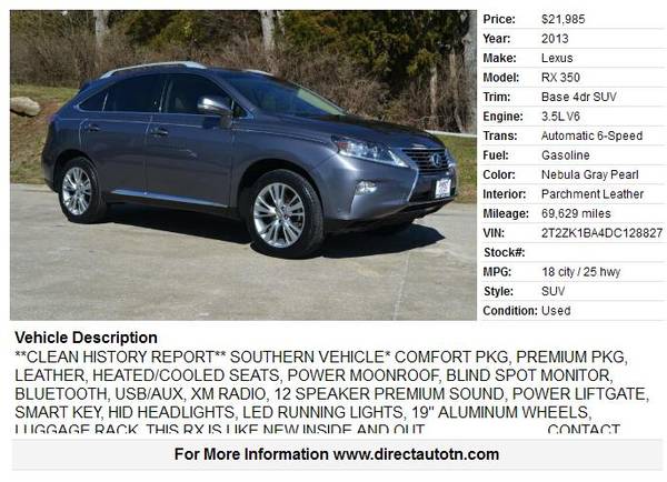 2013 Lexus RX350 Premium Pkg heated/cooled, Nav, clean history for sale in Franklin, TN – photo 2
