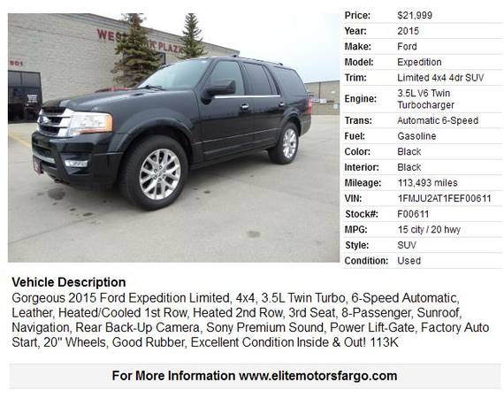 2015 Ford Expedition Limited, Leather, Sun, Navigation, Gorgeous! for sale in Fargo, ND – photo 2