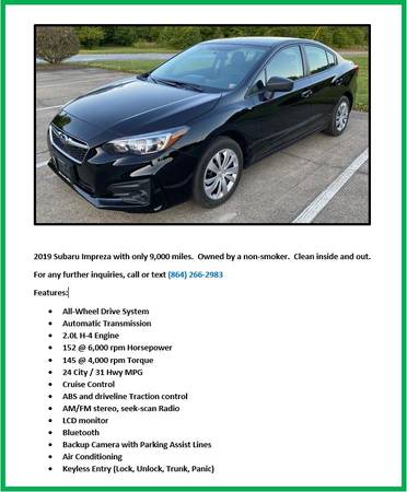 2019 Subaru Impreza only 9, 000 miles for sale in Boiling Springs, NC