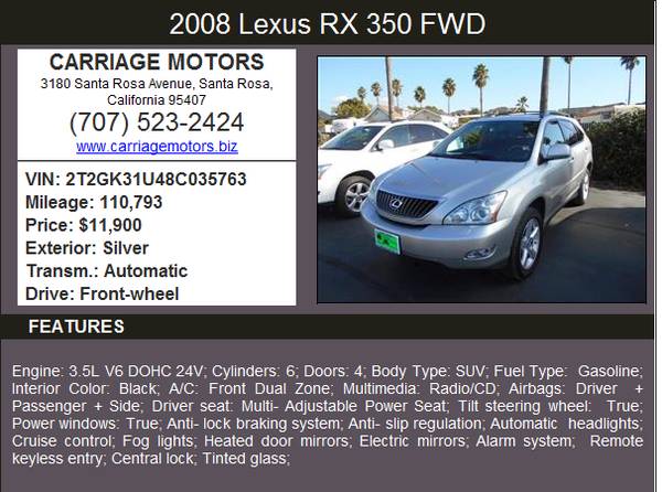 2008 Lexus RX350 * SUV * Loaded** Really Clean **FINANCing Available! for sale in Santa Rosa, CA