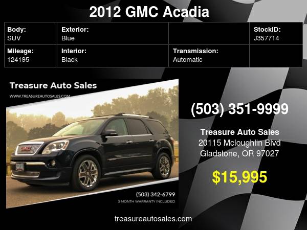 2012 GMC ACADIA AWD 4DR 3RD ROW SUV 2011 2013 2014 - cars & trucks -... for sale in Gladstone, WA