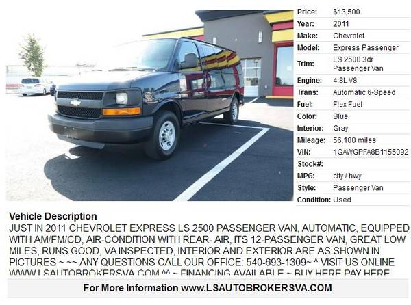 2011 CHEVROLET EXPRESS PASSENGER 2500**LOW MILES*AUTOMATIC*RUNS GOOD* for sale in FREDERICKBURG VA, VA – photo 2