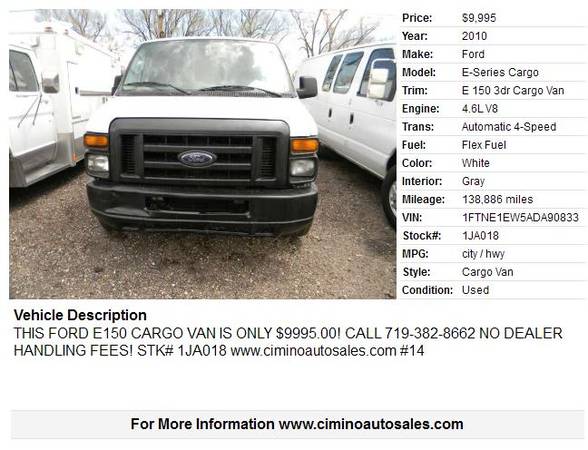 2010 Ford E-Series Cargo E 150 3dr Cargo Van 138886 Miles - cars & for sale in Fountain, CO – photo 2