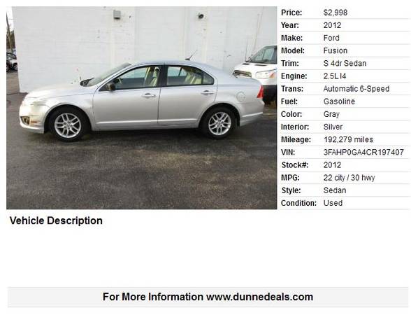 2012 Ford Fusion S 4dr Sedan - One Owner! - cars & trucks - by... for sale in Crystal Lake, IL – photo 2