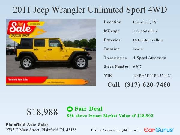 2011 Jeep Wrangler Unlimited Sport 4WD for sale in Plainfield, IN