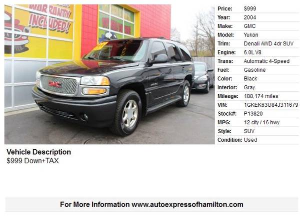 2004 GMC Yukon $999 Down+TAX BUY HERE PAY HERE - cars & trucks - by... for sale in Hamilton, OH – photo 2