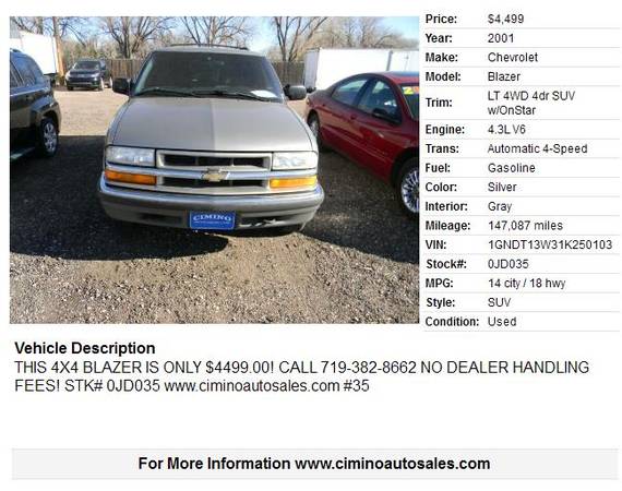 2001 Chevrolet Blazer LT 4WD 4dr SUV w/OnStar 147087 Miles - cars &... for sale in Fountain, CO – photo 2