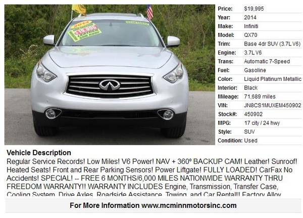 2014 Infiniti QX70 - Regular Service Records! Low Miles! NAV! for sale in Athens, TN – photo 2