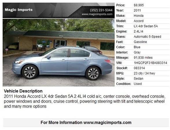 2011 Honda Accord Sdn 4dr I4 Auto LX - cars & trucks - by dealer -... for sale in Melrose, FL – photo 2