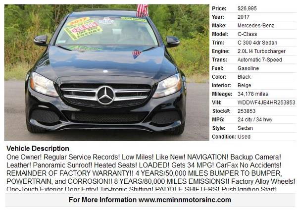 2017 Mercedes-Benz C300 - Only 34K Miles! NAV! Backup Cam! LOADED! for sale in Athens, TN – photo 2