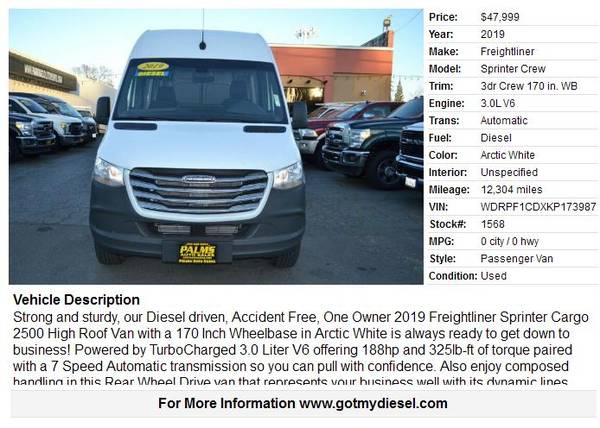 2019 Mercedes Freightliner 2500 Sprinter 170 Long High Roof 12K for sale in Citrus Heights, CA – photo 2