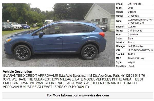 16 CROSSTREK..4WD...$99 DOWN...GUARANTEED CREDIT APPROVAL for sale in Glens Falls, NY – photo 2