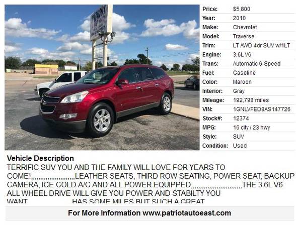 ---- 2010 CHEVY TRAVERSE LT AWD ---- for sale in LAWTON, OK – photo 2