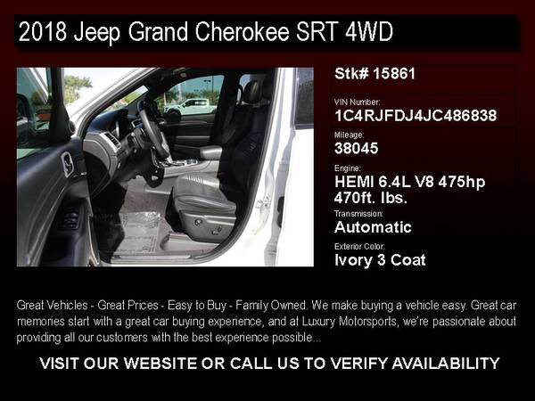 15861 - 2018 Jeep Grand Cherokee SRT 4WD Ivory 3 Coat CALL NOW 18 for sale in Other, AZ – photo 2