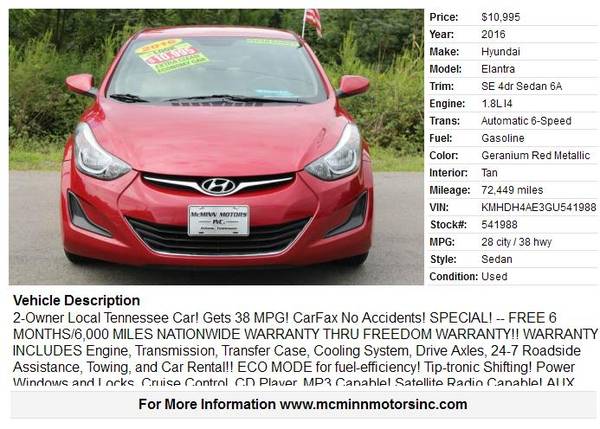 2016 Hyundai Elantra SE - Local Car! 38 MPG! FREE 6 Months Warranty!... for sale in Athens, TN – photo 2