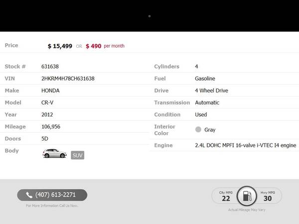 2012 Honda CR-V EX-L NO CREDIT CHECK for sale in Maitland, FL – photo 2