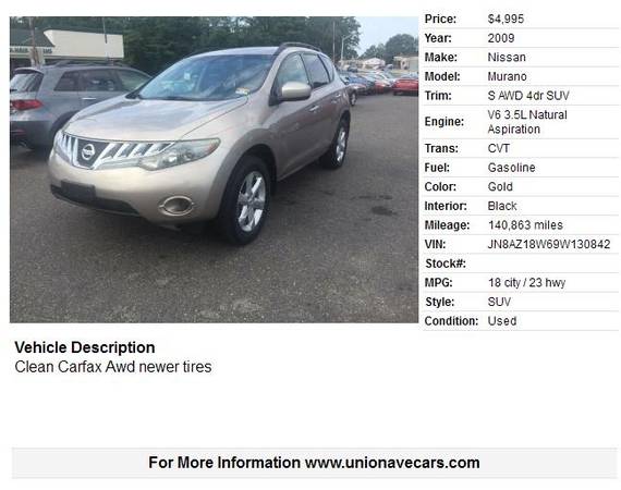 2009 Nissan Murano S AWD 4dr SUV 140863 Miles for sale in Hazlet, NJ – photo 2