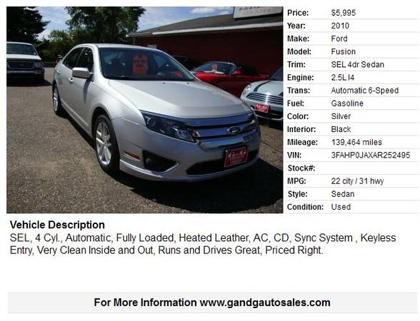 2010 Ford Fusion SEL 4dr Sedan 139464 Miles for sale in Merrill, WI – photo 2