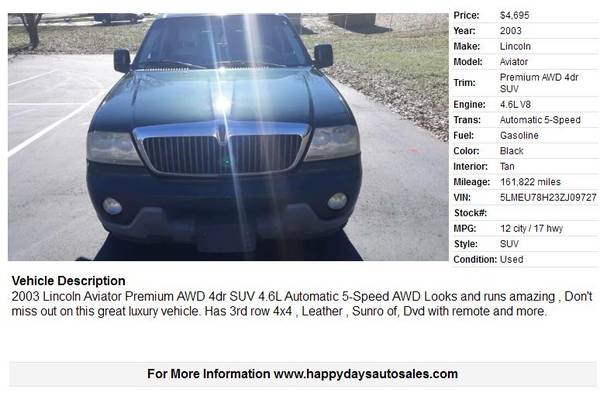 2003 Lincoln Aviator Premium 3rd row 4x4 , Leather warr , Sunroof,... for sale in Piedmont, SC – photo 2