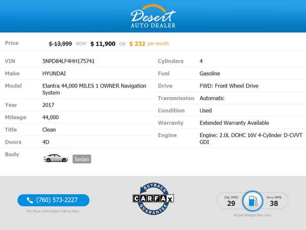 2017 Hyundai Elantra 44,000 MILES 1 OWNER Navigation System SE Sedan... for sale in Palm Desert , CA – photo 2
