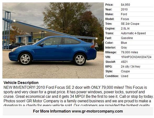 2010 Ford Focus SE-2 Door, ONLY 79,000 miles, sunroof, power... for sale in Garner, NC – photo 2