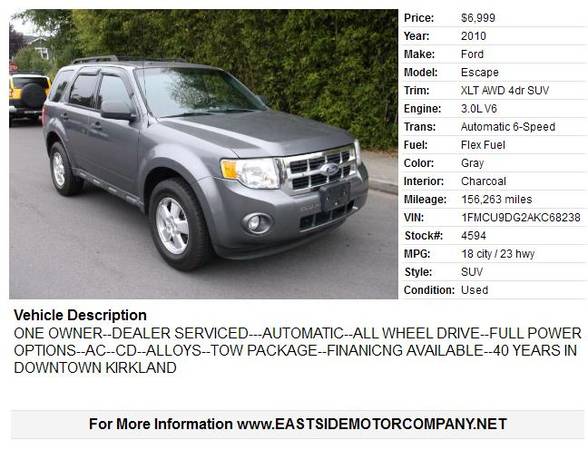 2010 Ford Escape XLT AWD - cars & trucks - by dealer - vehicle... for sale in Kirkland, WA – photo 2
