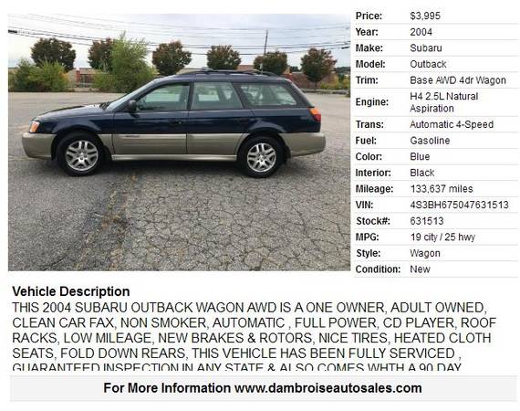 2004 Subaru Outback Base AWD 4dr Wagon, 1 OWNER! 90 DAY WARRANTY!!!! for sale in LOWELL, VT – photo 2